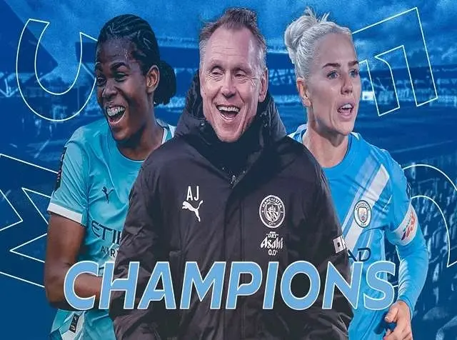 Manchester City W.F.C. players celebrate winning the Women’s Super League title.
